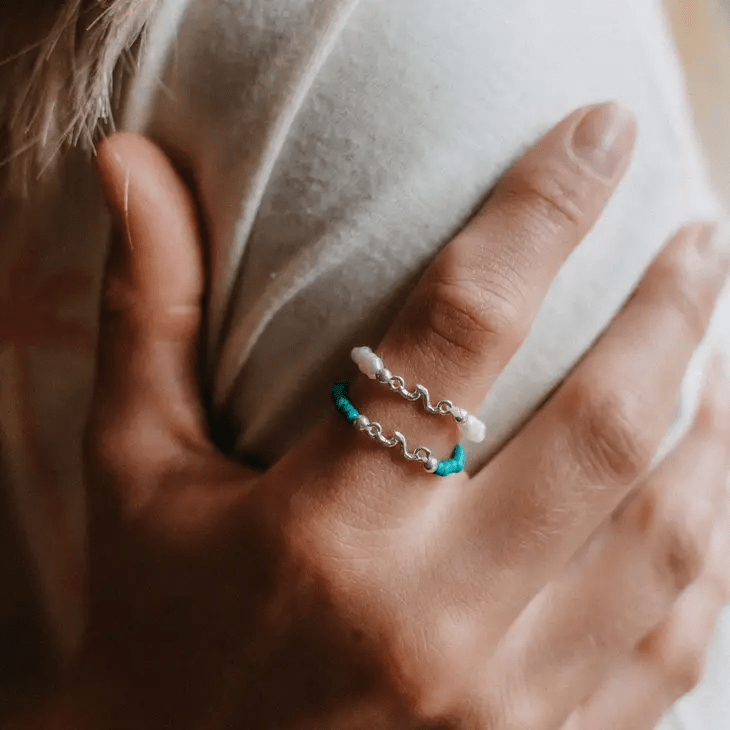 Kuta Wave Stone Stretch Ring | Silver Plated Alloy Lightweight Natural Beads