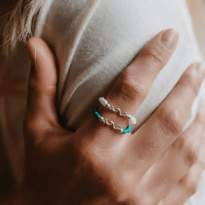 Kuta Wave Stone Stretch Ring | Silver Plated Alloy Lightweight Natural Beads