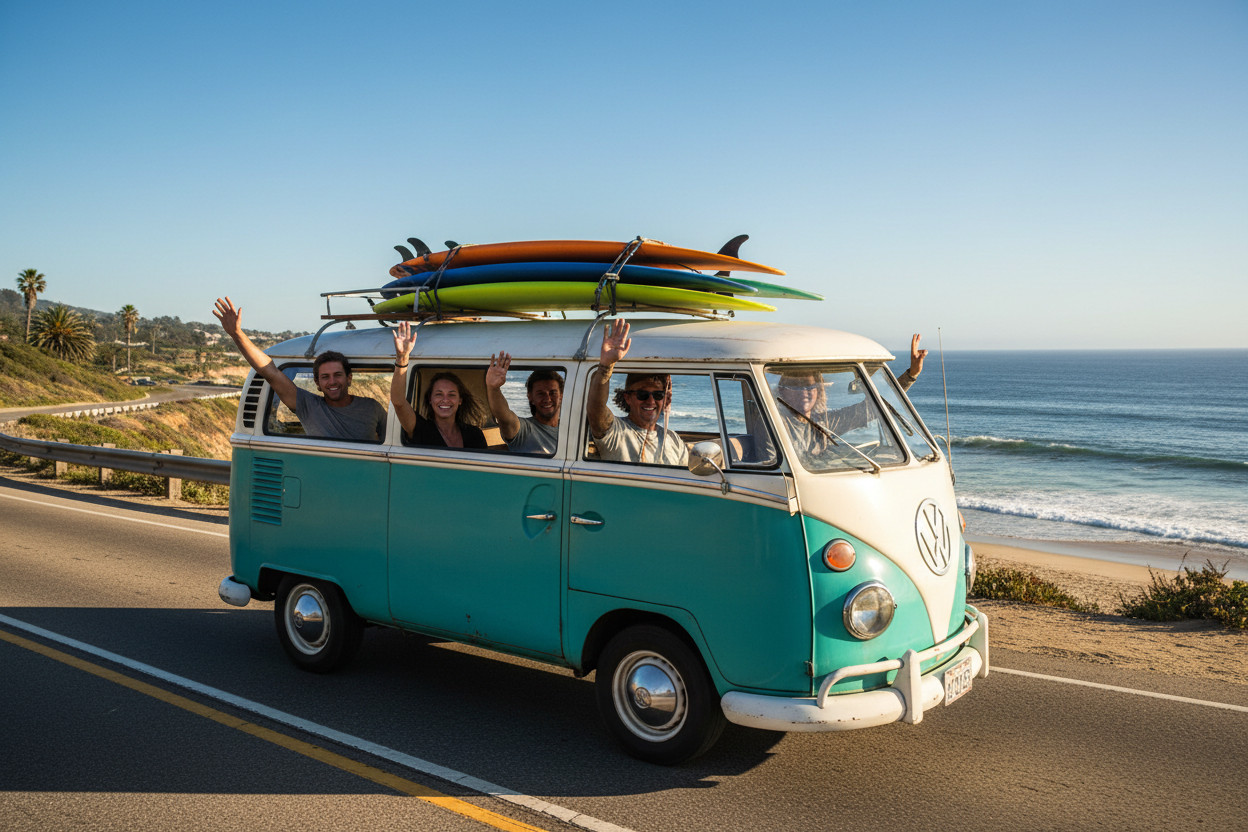 group of four surfers driving to the beach with surfboards on the roof