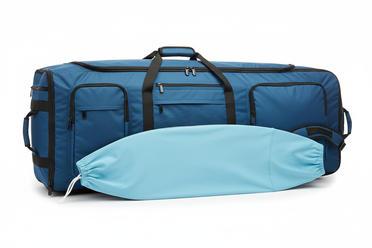 product image of a surfboard travel bag and a surfboard sock cover