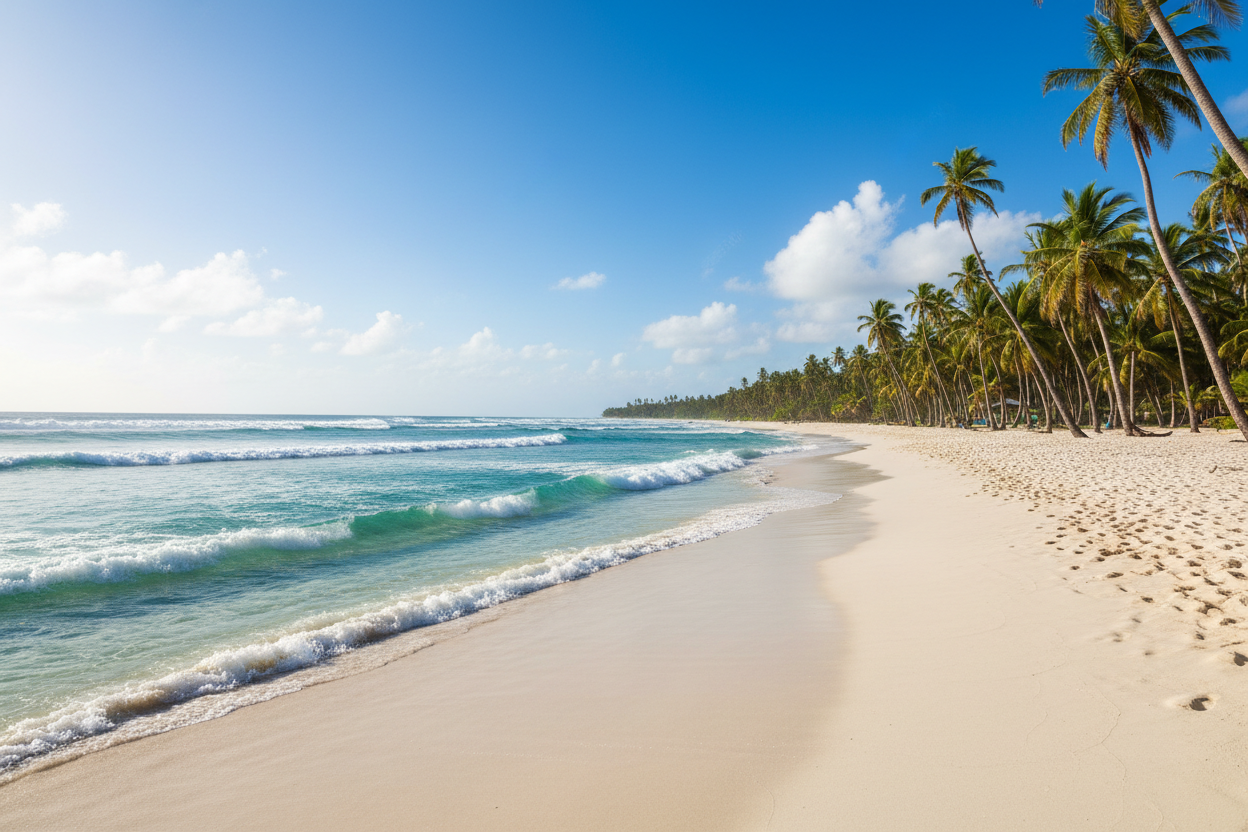 tropical beach scene with perfect waves in the background